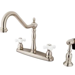 Heritage 8" Center Kitchen Faucet with Brass Sprayer and Porcelain Cross Handle Widespread Kitchen Faucets