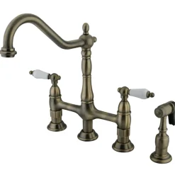 Hot Heritage Deck Mount 8-Inch Bridge Kitchen Faucet with Brass Sprayer Bridge Faucets