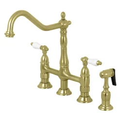 Hot Heritage Deck Mount 8-Inch Bridge Kitchen Faucet with Brass Sprayer Bridge Faucets