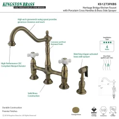 New Heritage Deck Mount 8" Bridge Kitchen Faucet with Brass Sprayer Bridge Faucets