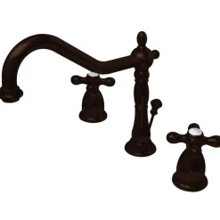 Clearance Heritage Deck Mount 8-Inch Widespread Bathroom Faucet with Brass Pop-Up 8
