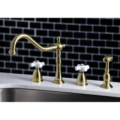 New Heritage 4-Hole Widespread Kitchen Faucet with Brass Sprayer Widespread Kitchen Faucets|Faucets With Side Spray