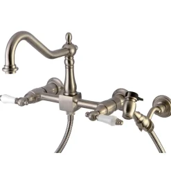 Hot Heritage 3-Hole 8-Inch Wall Mount Kitchen Faucet with Brass Sprayer Wall Mounted Kitchen Faucets
