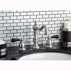 Clearance Heritage Onyx Traditional Widespread Lavatory Faucet with Black Porcelain Lever Handle 8