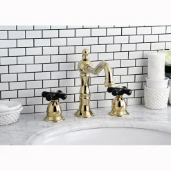 New Heritage Onyx Widespread Solid Brass Lavatory Faucet with Black Porcelain Cross Handle 8