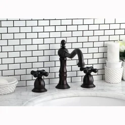 New Heritage Onyx Widespread Solid Brass Lavatory Faucet with Black Porcelain Cross Handle 8