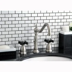Online Heritage Onyx Widespread Lavatory Faucet with Black Porcelain Cross Handle 8