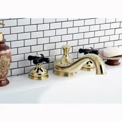 Online Heritage Onyx Roman Tub Filler with Black Porcelain Cross Handle Tub Faucets