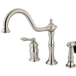 New Heritage Single Handle Deck Mount Widespread Kitchen Faucet with Brass Sprayer Widespread Kitchen Faucets