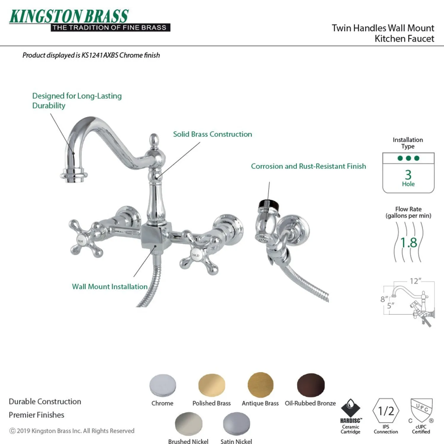 Best Heritage 8" Wall Mount Kitchen Faucet with Brass Sprayer Wall Mounted Kitchen Faucets