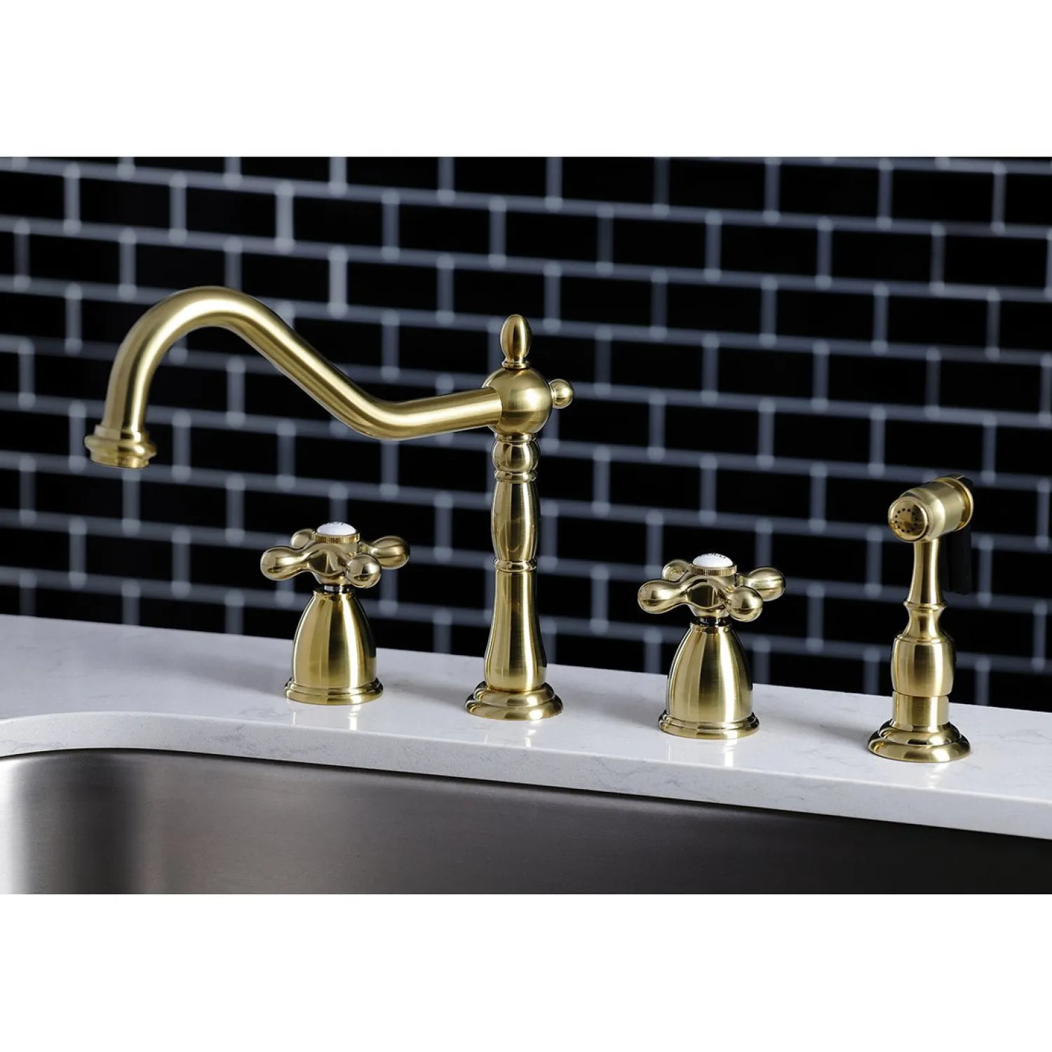 New Heritage Widespread Kitchen Faucet with Brass Sprayer Widespread Kitchen Faucets|Faucets With Side Spray