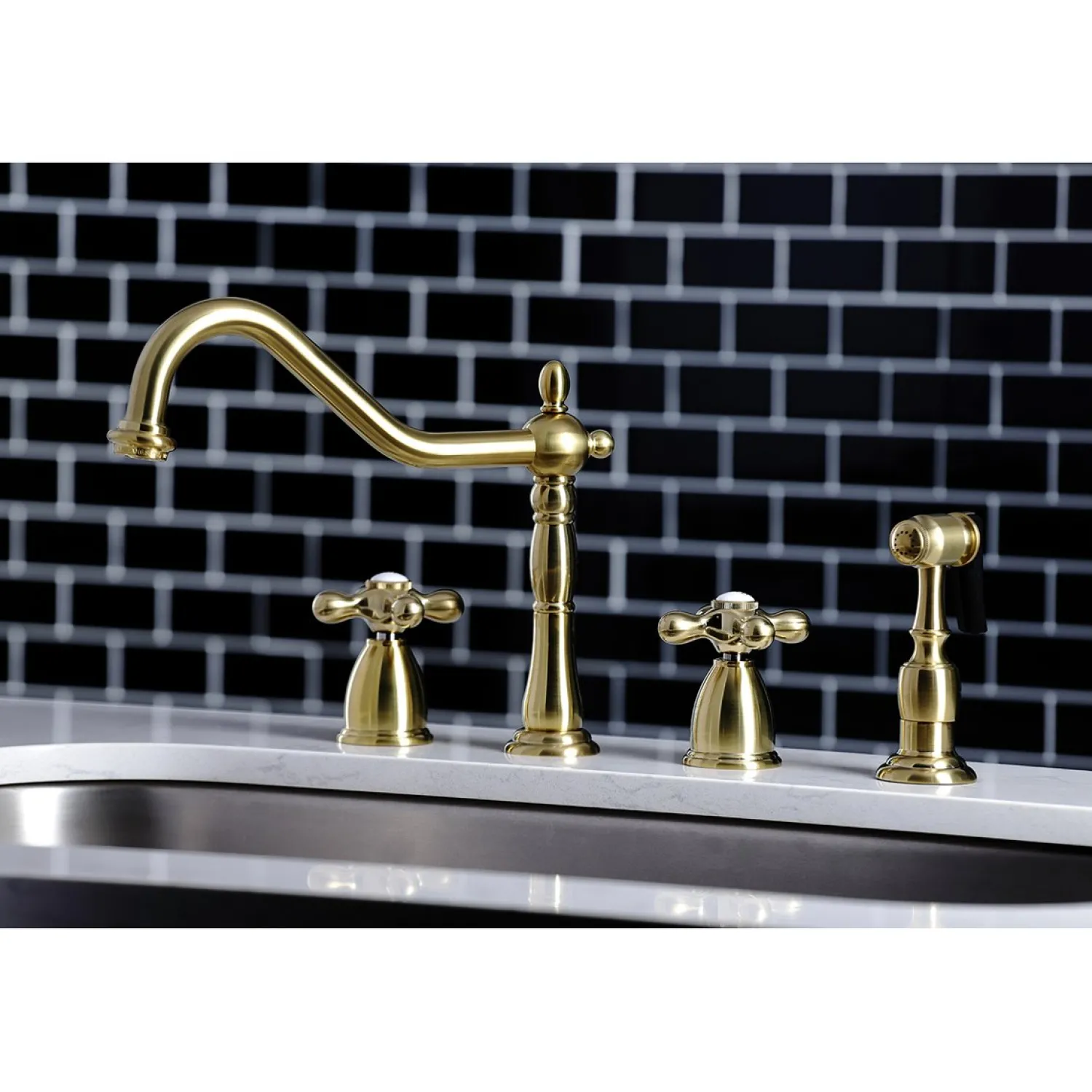 New Heritage Widespread Kitchen Faucet with Brass Sprayer Widespread Kitchen Faucets|Faucets With Side Spray
