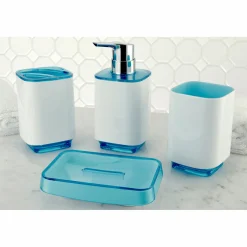 Hot Krystal Bathware CBAK5202WB Cayman 4-Piece Bath Accessory Set in White with Blue Soap Dishes & Dispensers|Toothbrush Holders & Tumblers