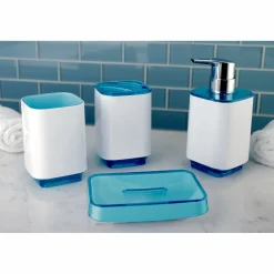 Hot Krystal Bathware CBAK5202WB Cayman 4-Piece Bath Accessory Set in White with Blue Soap Dishes & Dispensers|Toothbrush Holders & Tumblers