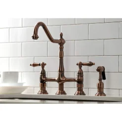 Online KS127ALBSAC Heritage Bridge Kitchen Faucet with Brass Sprayer, Antique Copper Bridge Faucets