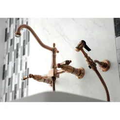 Sale KS124ALBSAC Heritage Two-Handle Wall Mount Bridge Kitchen Faucet with Brass Sprayer, Antique Copper Wall Mounted Kitchen Faucets