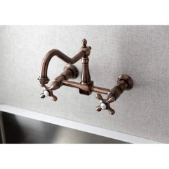 Outlet KS124AXAC Heritage Two-Handle Wall Mount Bridge Kitchen Faucet, Antique Copper Wall Mounted Kitchen Faucets