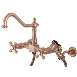 Clearance KS124AXBSAC Heritage Two-Handle Wall Mount Bridge Kitchen Faucet with Brass Sprayer, Antique Copper Wall Mounted Kitchen Faucets