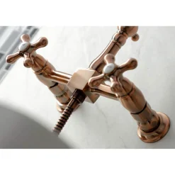Clearance KS124AXBSAC Heritage Two-Handle Wall Mount Bridge Kitchen Faucet with Brass Sprayer, Antique Copper Wall Mounted Kitchen Faucets
