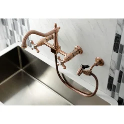 Clearance KS124AXBSAC Heritage Two-Handle Wall Mount Bridge Kitchen Faucet with Brass Sprayer, Antique Copper Wall Mounted Kitchen Faucets