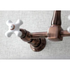 Outlet KS124PXAC Heritage Two-Handle Wall Mount Bridge Kitchen Faucet, Antique Copper Wall Mounted Kitchen Faucets