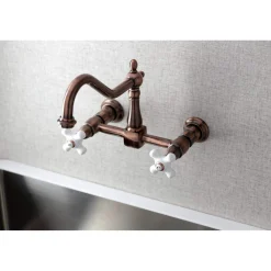 Outlet KS124PXAC Heritage Two-Handle Wall Mount Bridge Kitchen Faucet, Antique Copper Wall Mounted Kitchen Faucets