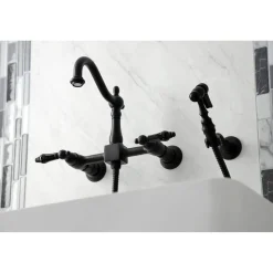 Discount KS126XPKLBS-P Duchess Wall Mount Bridge Kitchen Faucet with Brass Sprayer Wall Mounted Kitchen Faucets