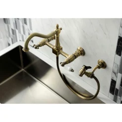 KS124XPLBS-P Heritage Two-Handle Wall Mount Bridge Kitchen Faucet with Brass Sprayer Wall Mounted Kitchen Faucets