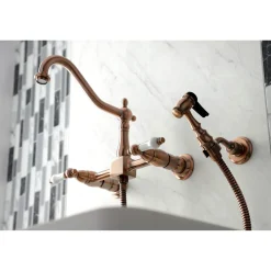 KS124XPLBS-P Heritage Two-Handle Wall Mount Bridge Kitchen Faucet with Brass Sprayer Wall Mounted Kitchen Faucets