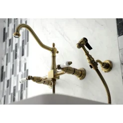 KS124XPLBS-P Heritage Two-Handle Wall Mount Bridge Kitchen Faucet with Brass Sprayer Wall Mounted Kitchen Faucets