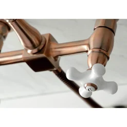 Discount KS124XPXBS-P Heritage Two-Handle Wall Mount Bridge Kitchen Faucet with Brass Sprayer Wall Mounted Kitchen Faucets