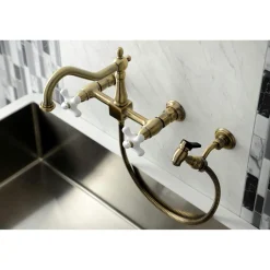 Discount KS124XPXBS-P Heritage Two-Handle Wall Mount Bridge Kitchen Faucet with Brass Sprayer Wall Mounted Kitchen Faucets