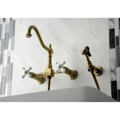 Discount KS124XPXBS-P Heritage Two-Handle Wall Mount Bridge Kitchen Faucet with Brass Sprayer Wall Mounted Kitchen Faucets
