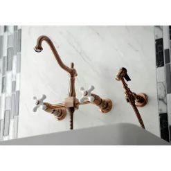Discount KS124XPXBS-P Heritage Two-Handle Wall Mount Bridge Kitchen Faucet with Brass Sprayer Wall Mounted Kitchen Faucets