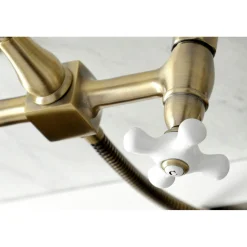 Discount KS124XPXBS-P Heritage Two-Handle Wall Mount Bridge Kitchen Faucet with Brass Sprayer Wall Mounted Kitchen Faucets