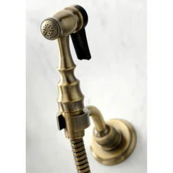 Discount KS124XPXBS-P Heritage Two-Handle Wall Mount Bridge Kitchen Faucet with Brass Sprayer Wall Mounted Kitchen Faucets