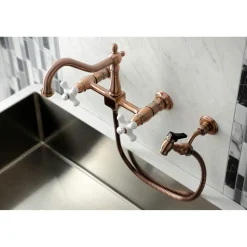 Discount KS124XPXBS-P Heritage Two-Handle Wall Mount Bridge Kitchen Faucet with Brass Sprayer Wall Mounted Kitchen Faucets