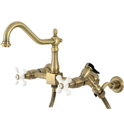 Discount KS124XPXBS-P Heritage Two-Handle Wall Mount Bridge Kitchen Faucet with Brass Sprayer Wall Mounted Kitchen Faucets