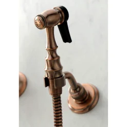 Discount KS124XPXBS-P Heritage Two-Handle Wall Mount Bridge Kitchen Faucet with Brass Sprayer Wall Mounted Kitchen Faucets