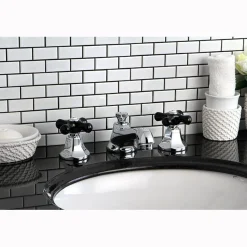 Clearance Metropolitan Onyx Widespread Lavatory Faucet with Black Porcelain Cross Handle 8" Widespread