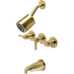 New NuvoFusion Three-Handle Tub and Shower Faucet in Brushed Brass Tub & Shower Sets