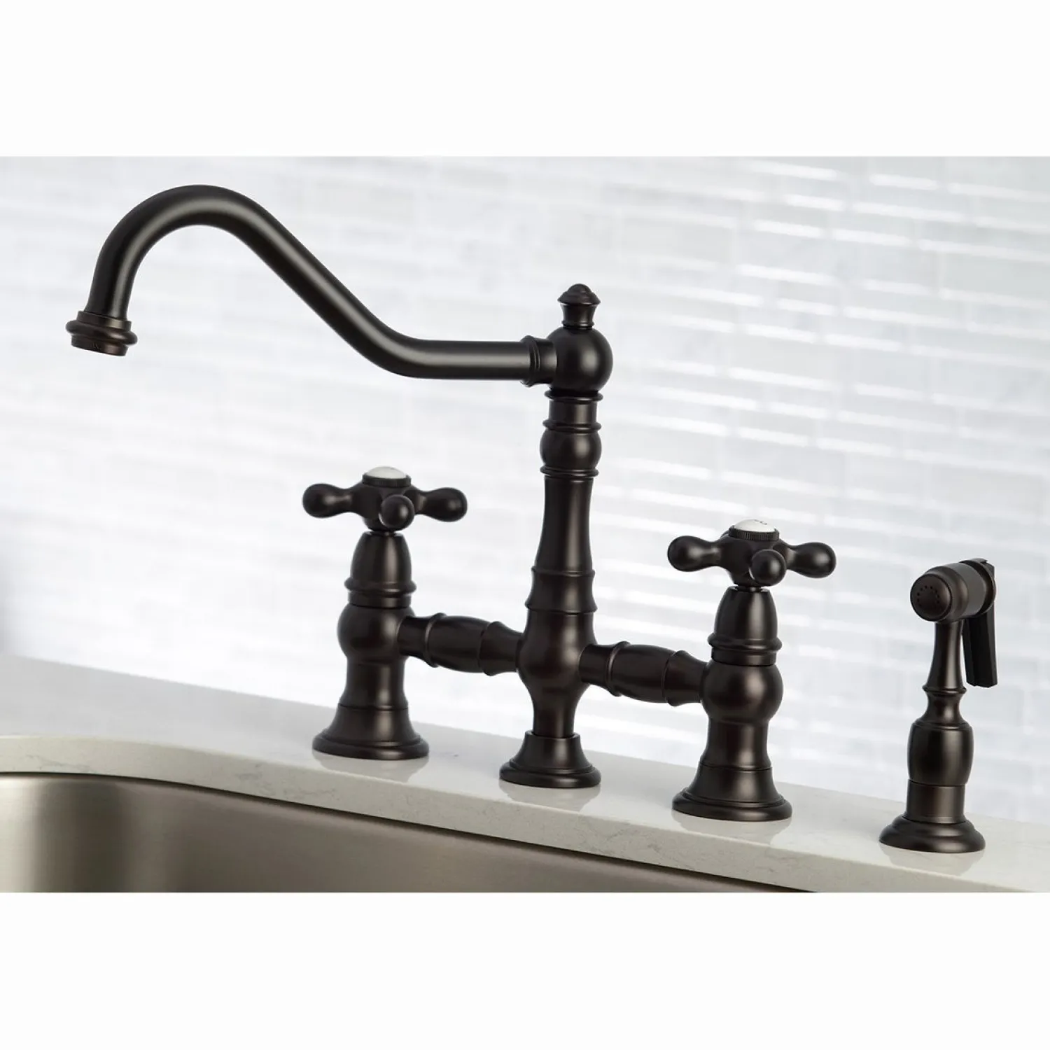 Hot Restoration 8" Bridge Kitchen Faucet with Sprayer Faucets With Side Spray|Bridge Faucets