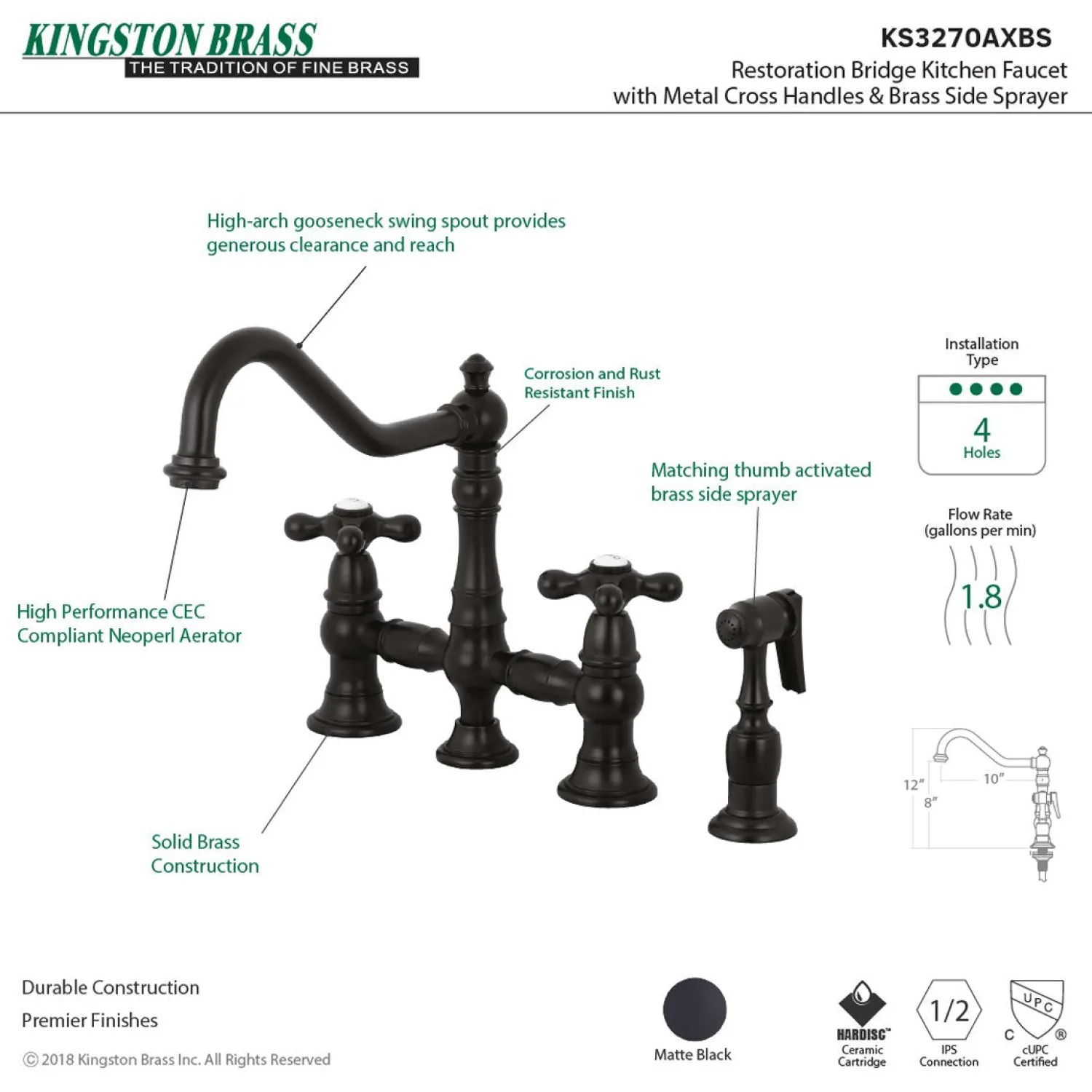 Hot Restoration 8" Bridge Kitchen Faucet with Sprayer Faucets With Side Spray|Bridge Faucets