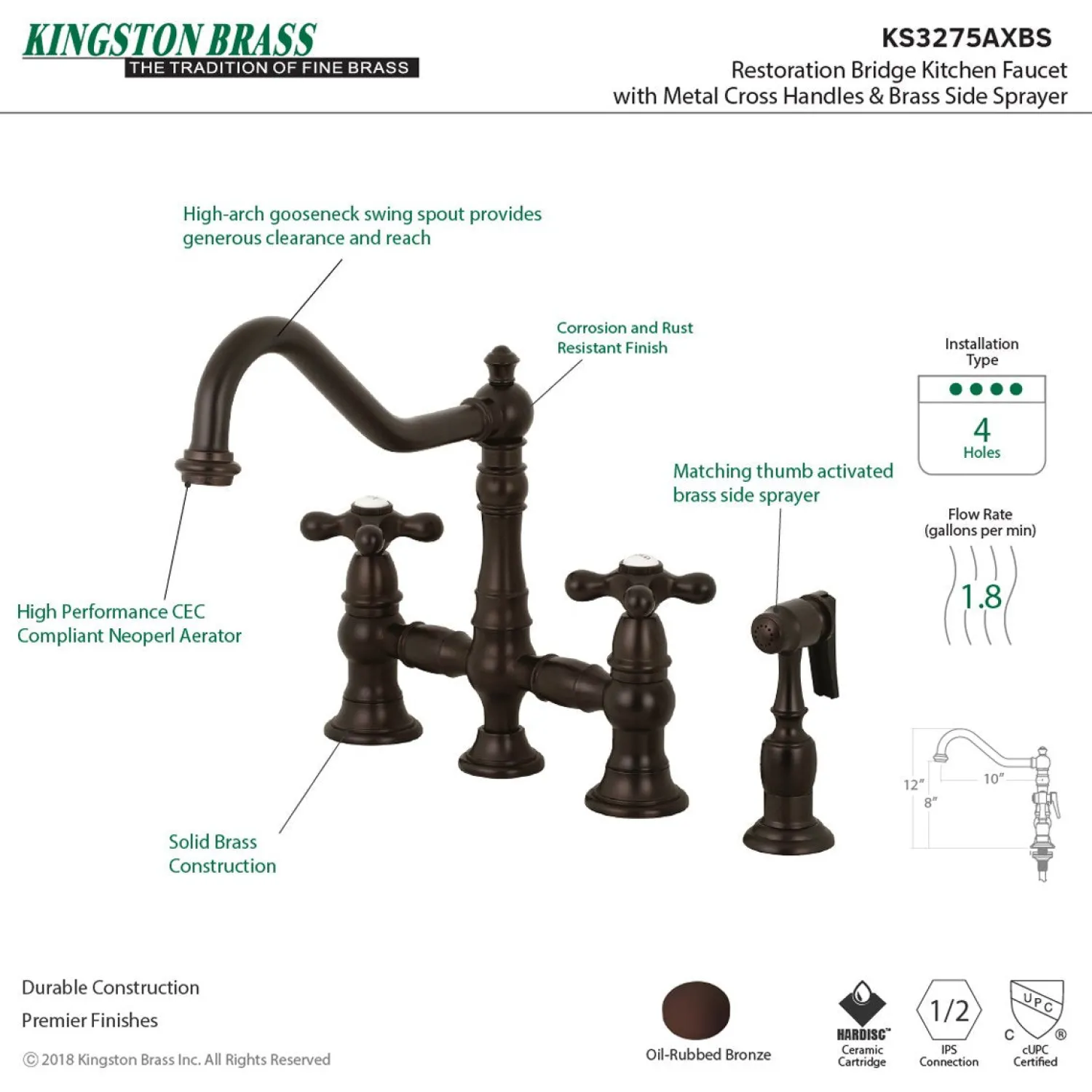Hot Restoration 8" Bridge Kitchen Faucet with Sprayer Faucets With Side Spray|Bridge Faucets