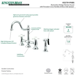 Online Restoration Cross-Handle Kitchen Bridge Faucet with Brass Sprayer Bridge Faucets