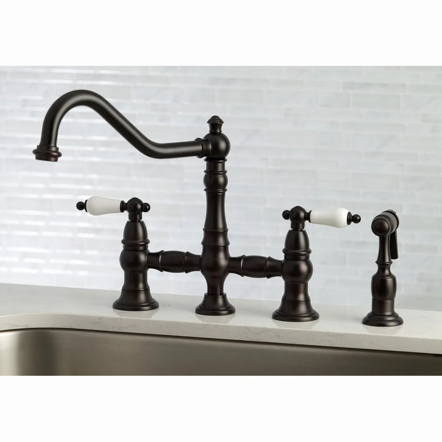 Discount Restoration 8-Inch Bridge Kitchen Faucet with Sprayer Faucets With Side Spray|Bridge Faucets
