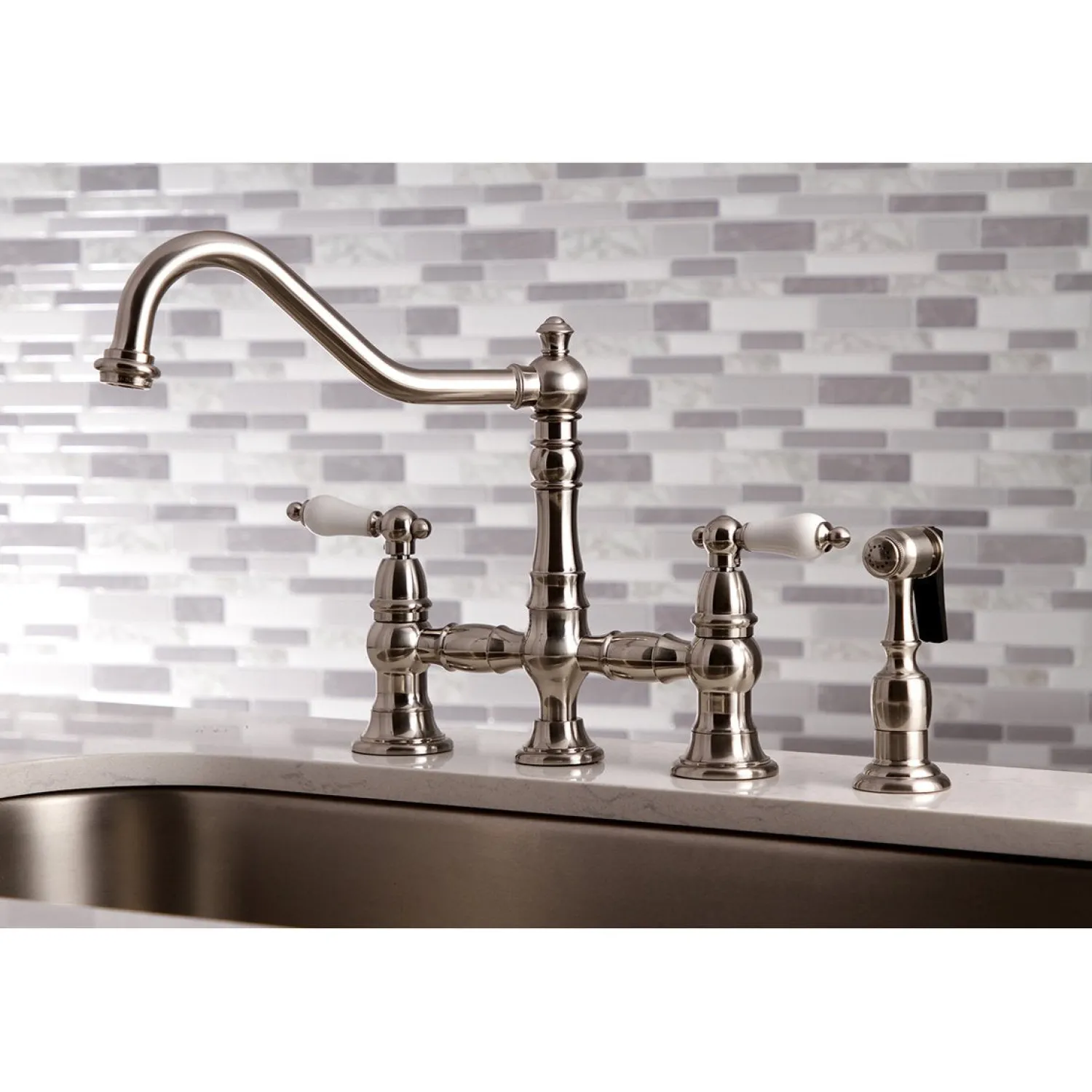 Discount Restoration 8-Inch Bridge Kitchen Faucet with Sprayer Faucets With Side Spray|Bridge Faucets
