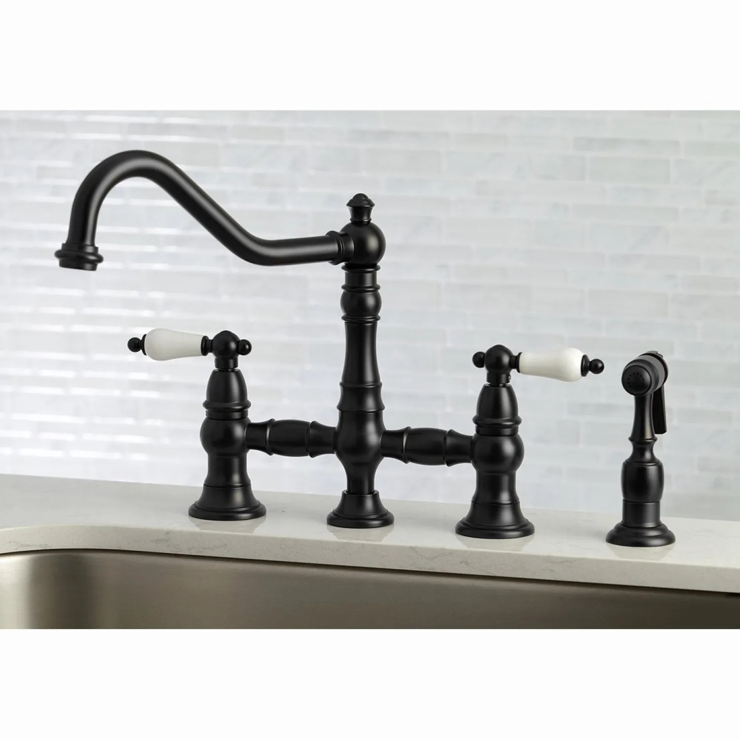 Discount Restoration 8-Inch Bridge Kitchen Faucet with Sprayer Faucets With Side Spray|Bridge Faucets