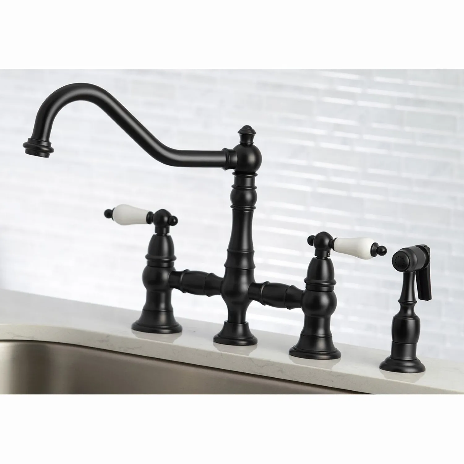 Discount Restoration 8-Inch Bridge Kitchen Faucet with Sprayer Faucets With Side Spray|Bridge Faucets