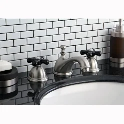 Clearance Restoration Onyx Widespread Lavatory Faucet with Black Porcelain Cross Handle 8